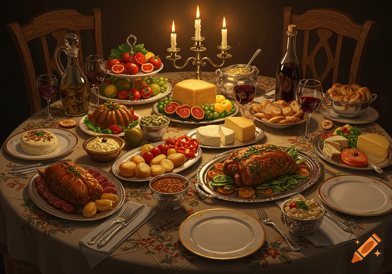 A lavish dinner table filled with roasted meats, cheeses, fruits, and wine, illuminated by candlelight.