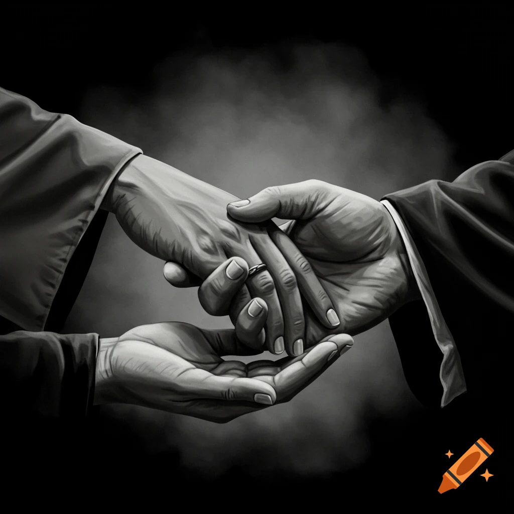 Monochrome graphic illustration of two hands, one gently holding the other, a ring visible on one finger.