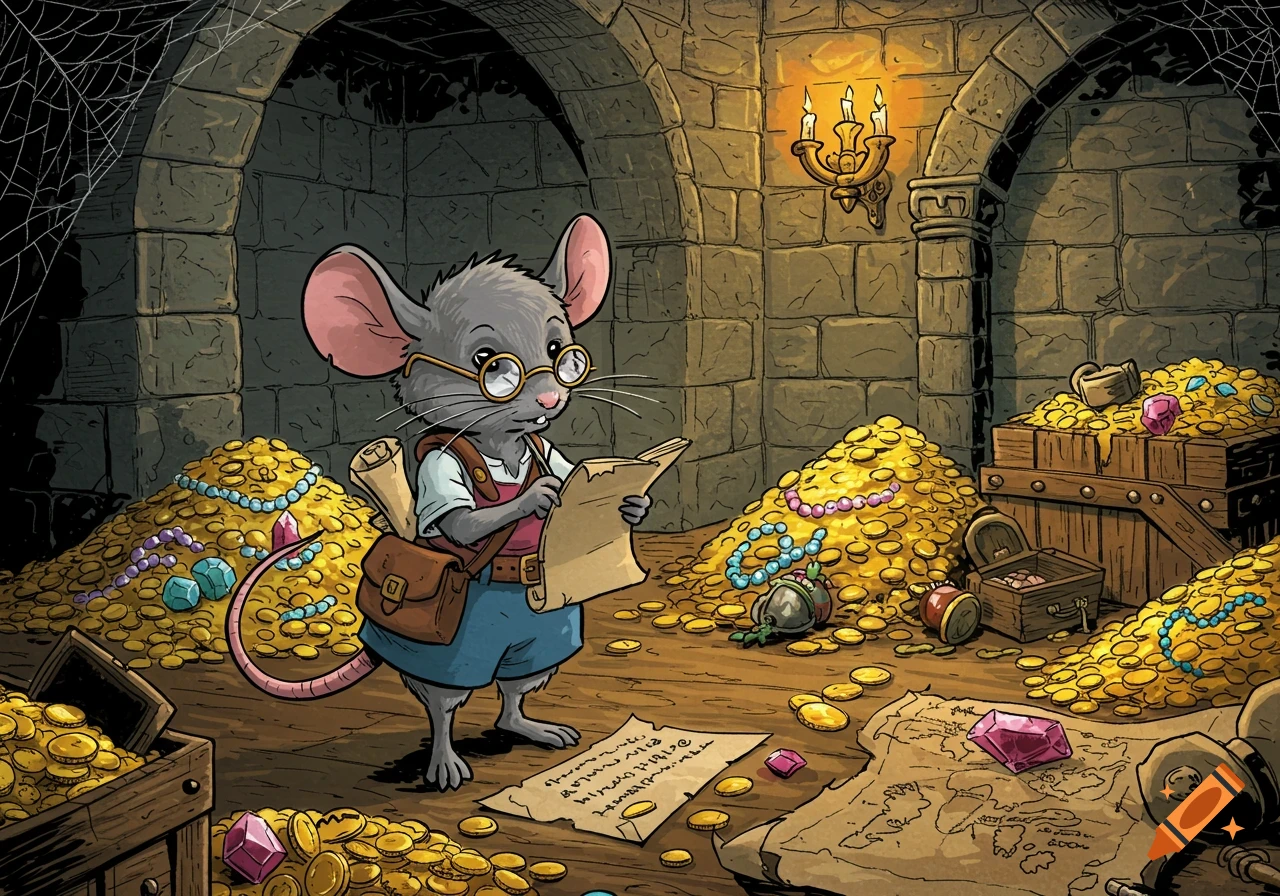 A cute, bespectacled gray mouse in a vest and shorts, surrounded by piles of gold coins and jewels in a stone dungeon, reading a scroll. Comic style.