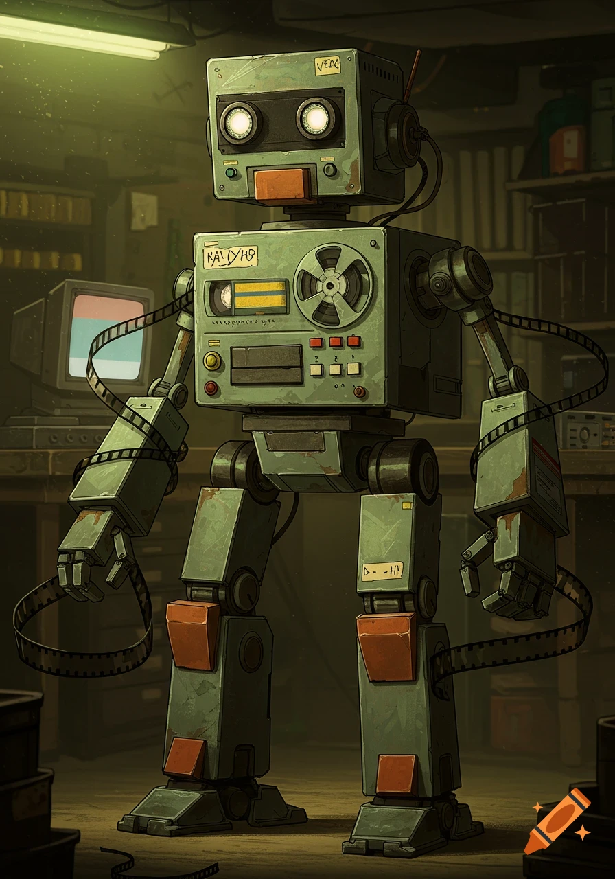 A stylized retro robot, made from VHS player parts, stands in a dimly lit workshop, with film tape wrapped around its limbs.