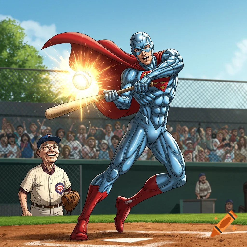 A superhero in a blue and red suit with a cape hits a glowing baseball with a bat on a sunny baseball field, an old man watches.