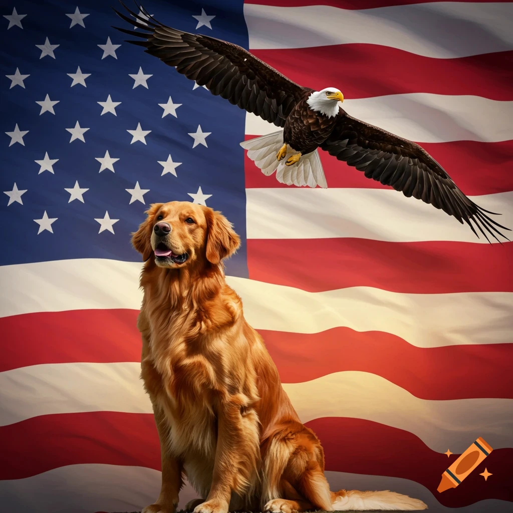A golden retriever sits proudly in front of a waving American flag, with a bald eagle flying above.