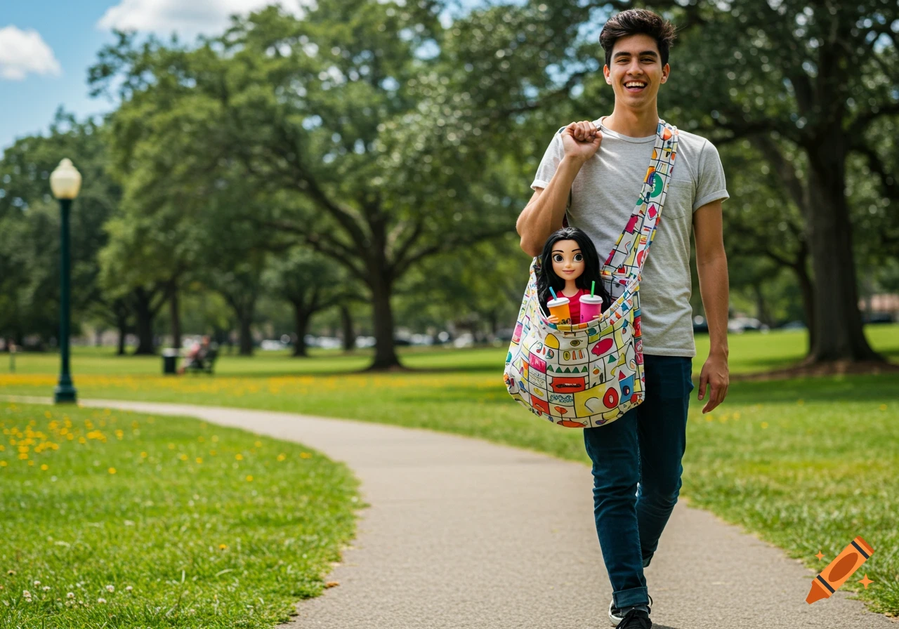 A young man walks on a path in a park, smiling, carrying a colorful fabric bag with a doll and two drinks inside.