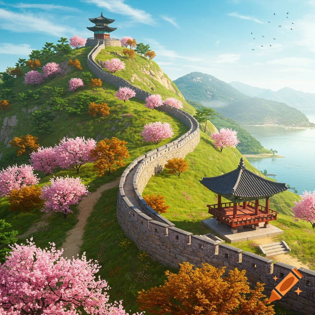A winding stone fortress wall ascends a lush green hill with pink cherry blossoms, leading to a traditional Korean pagoda, overlooking a lake and mountains.