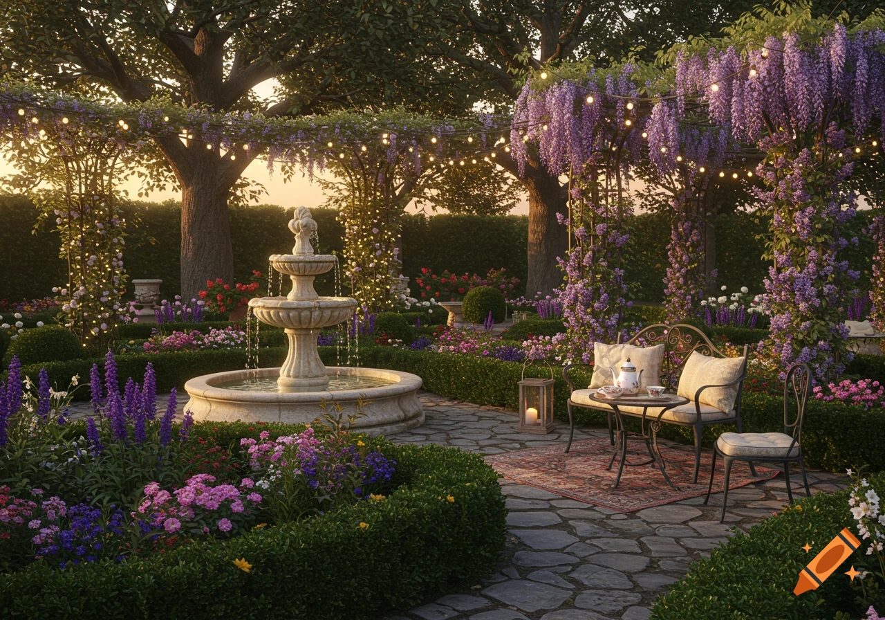 A beautiful garden with a tiered fountain, vibrant flowers, and an outdoor seating area under wisteria pergolas adorned with string lights.