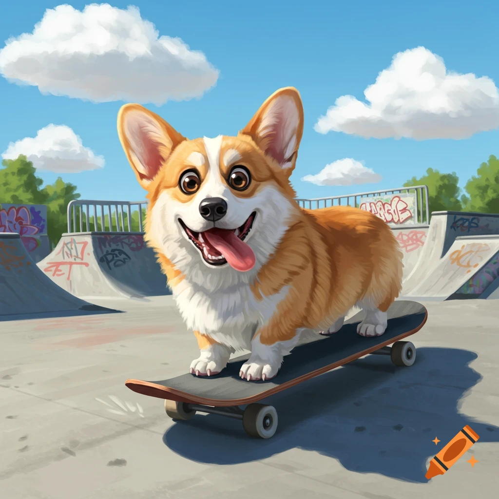 Cartoon corgi with a big smile and tongue out standing on a skateboard in a sunny outdoor skatepark with graffiti.