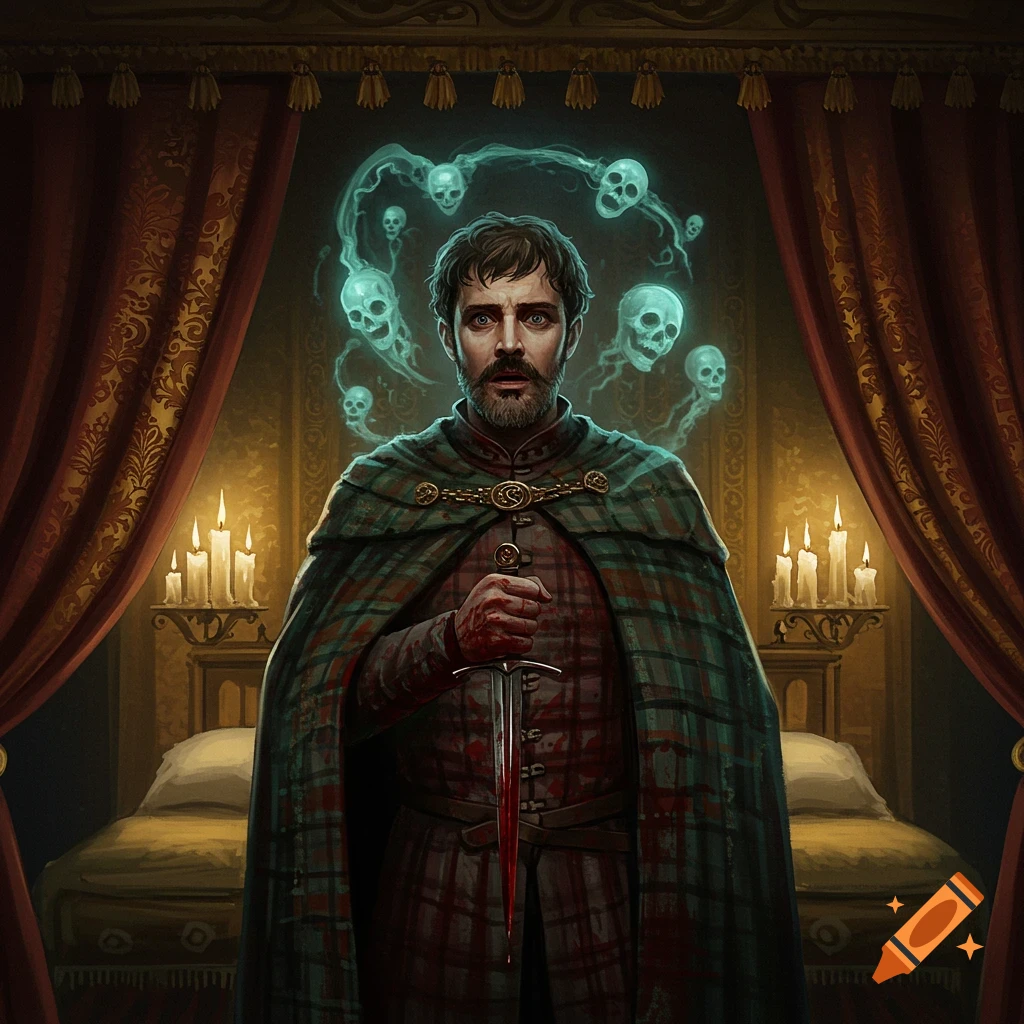 A distressed man in a plaid cloak holds a bloody dagger, surrounded by glowing green skulls in a dimly lit, richly decorated room.