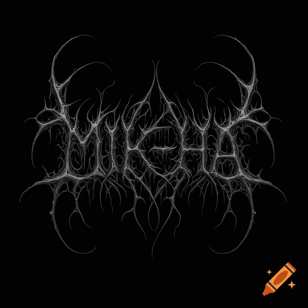 A dark, gnarled death metal logo for 'MIK-HA' with intricate, branching tendrils against a black background.