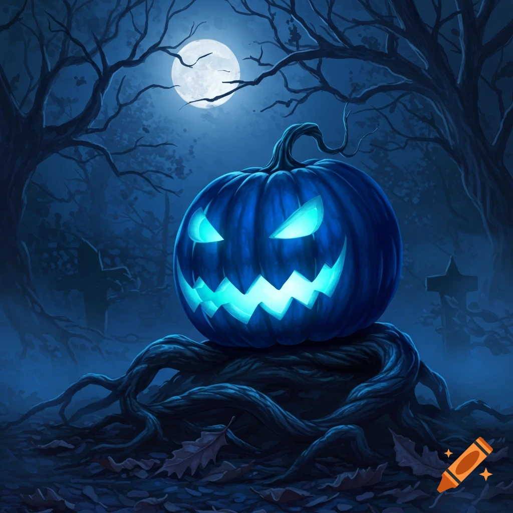 A glowing blue jack-o'-lantern sits on gnarled roots in a dark, spooky forest with a full moon overhead.