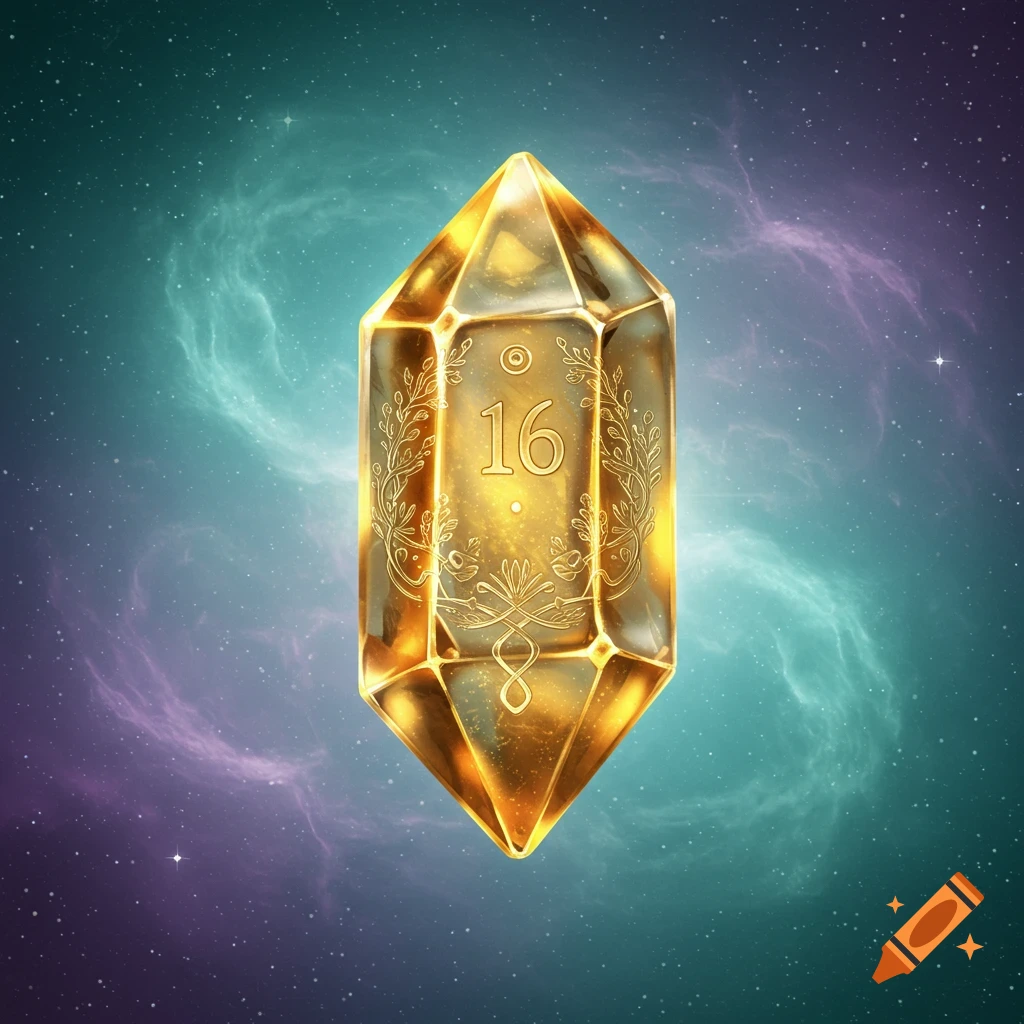 A golden, multifaceted crystal with the number "16" engraved on its surface, set against a swirling blue and purple nebula background.