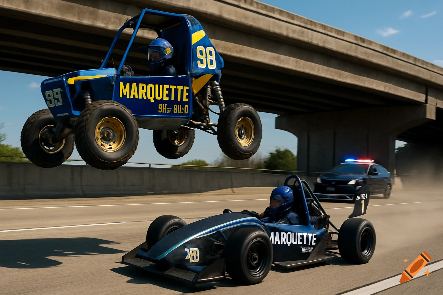 A blue and gold Baja car with number 98 jumps over a blue formula car on a highway, with a police car in the background.