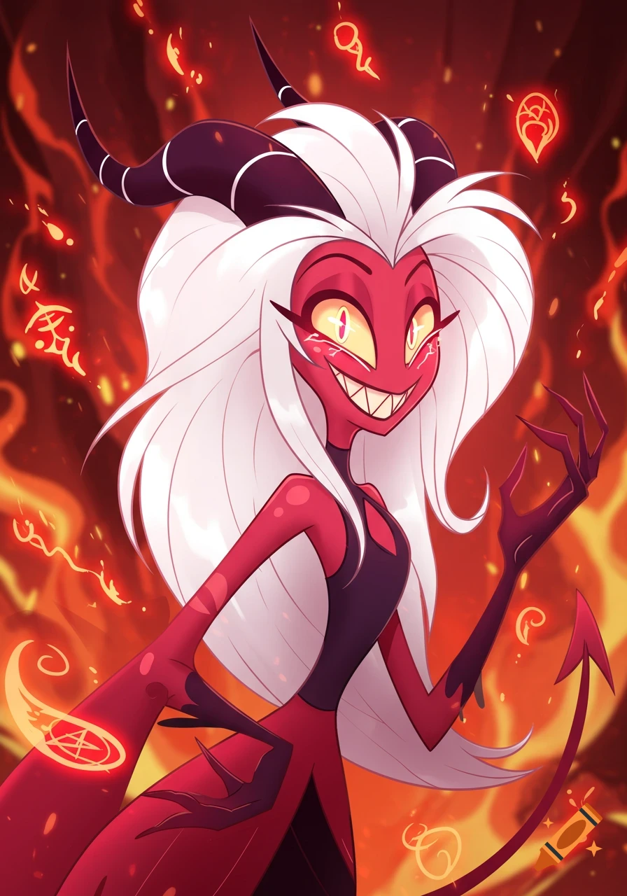 A red-skinned demoness with long white hair, horns, and sharp teeth smiles menacingly amidst swirling red flames in Helluva Boss style.