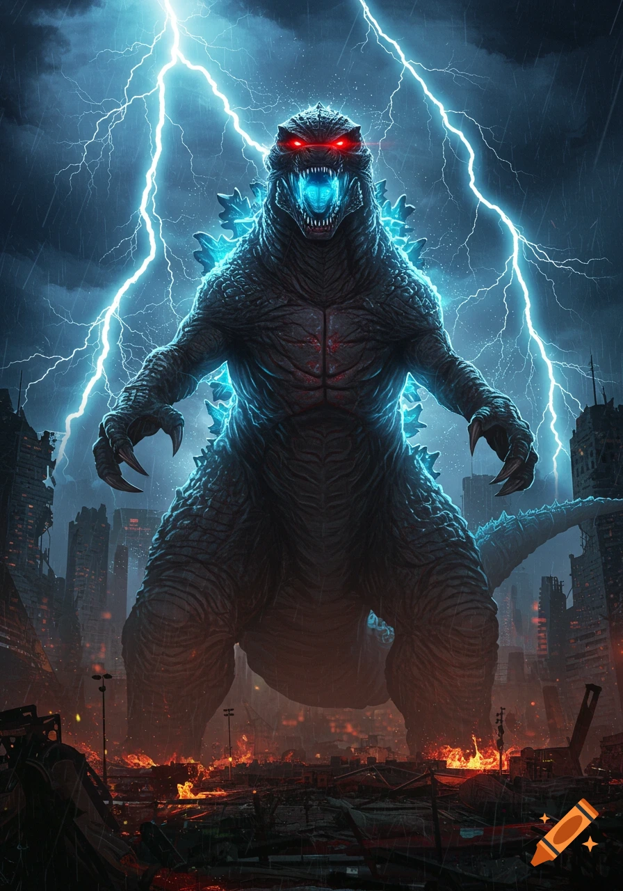 A massive, menacing Godzilla-like monster with glowing red eyes and blue spikes roars amidst a destroyed city under a stormy sky with lightning.