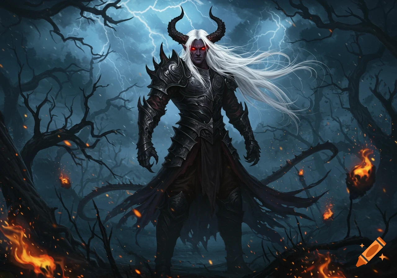 A dark fantasy scene of a demon with white hair, red eyes, and horns, wearing black armor, standing in a stormy, fiery forest.