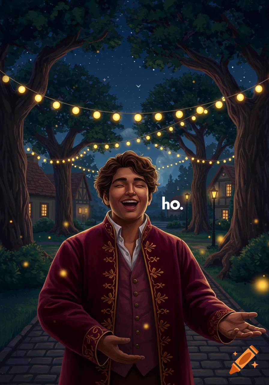 Illustrated man in a red coat laughing under string lights at night, with a village in the background.