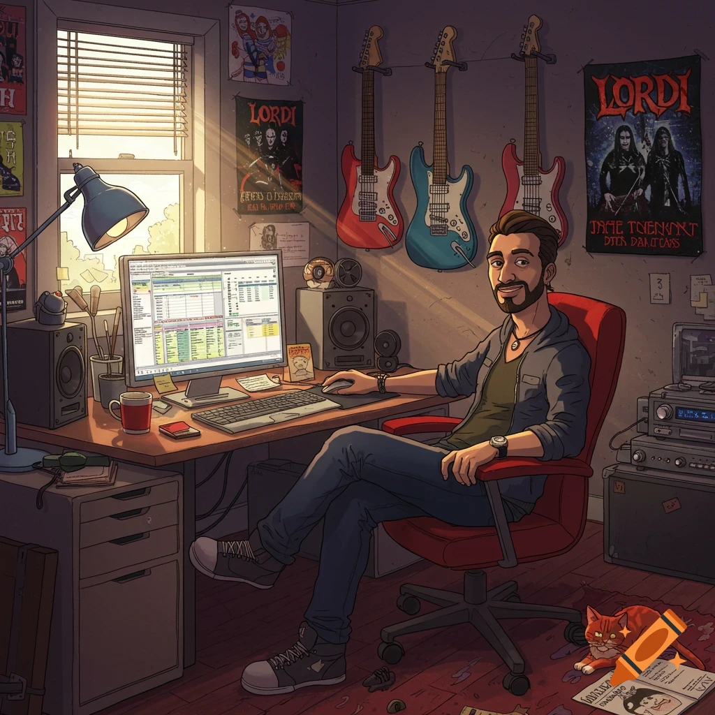 An illustrated man with a beard sits at a desk with a computer, surrounded by guitars and band posters, with a red cat on the floor.