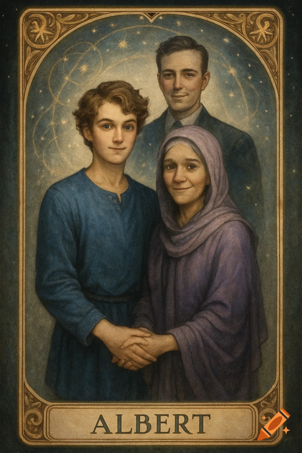 Illustrative portrait of a young man and woman holding hands, with a man behind them, framed like a tarot card with a starry background, titled ALBERT.