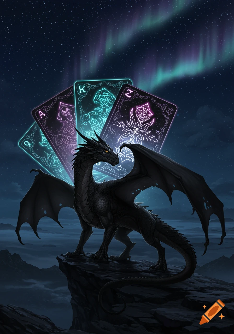 A black dragon stands on a rocky cliff, looking right, with three glowing neon playing cards fanned behind it under a starry night sky with aurora borealis.