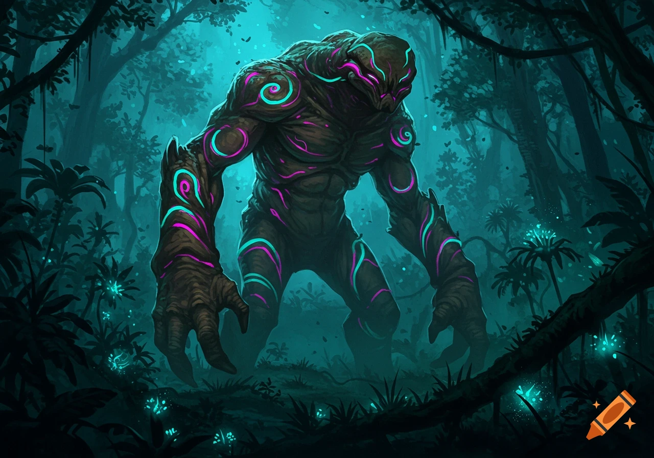 A large, dark monster with glowing magenta and cyan spiral patterns ...
