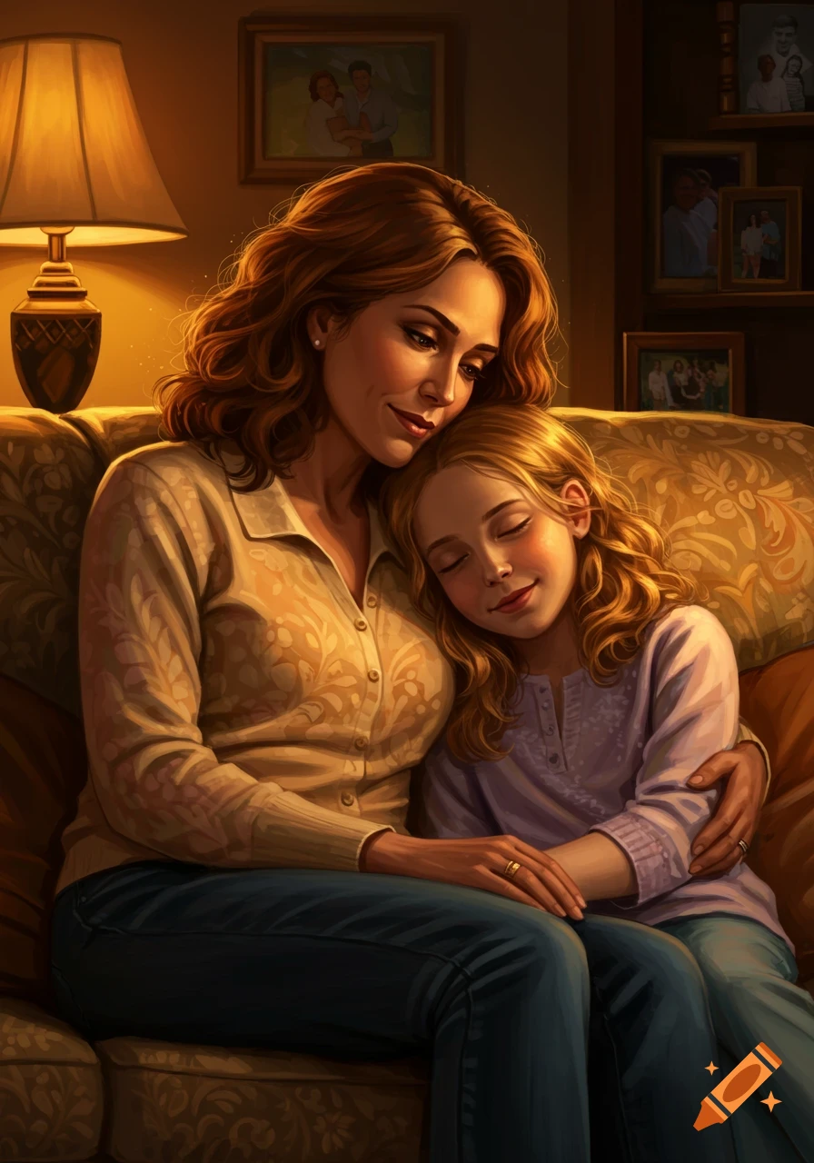 A mother and daughter cuddle on a sofa at home, illuminated by a soft, warm light. The daughter sleeps on her mother's shoulder.