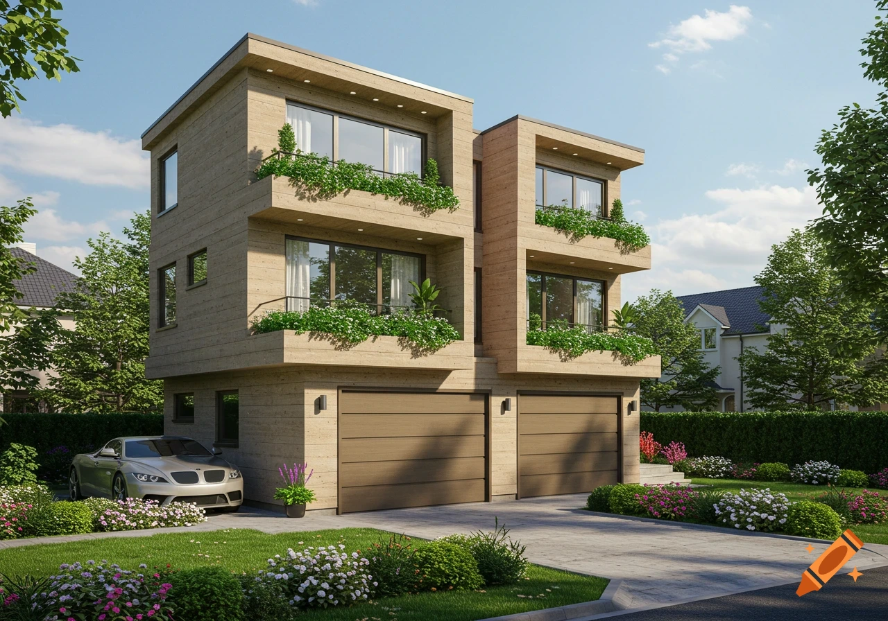 A modern three-story house with wooden siding, multiple balconies, and two garage doors, set amidst a manicured lawn with flowers. A silver car is parked on the driveway.