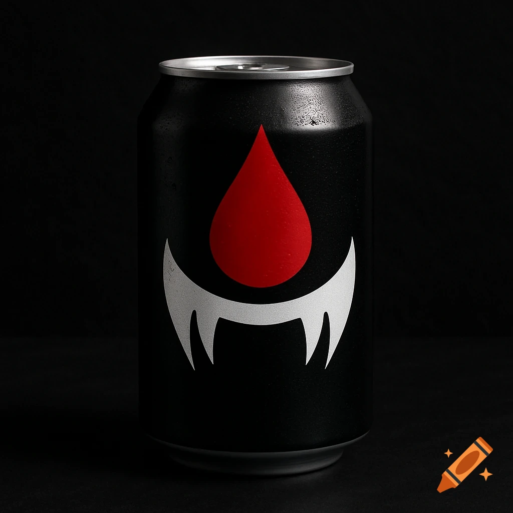 Black can with a red blood drop and white vampire fangs design, set against a dark background.