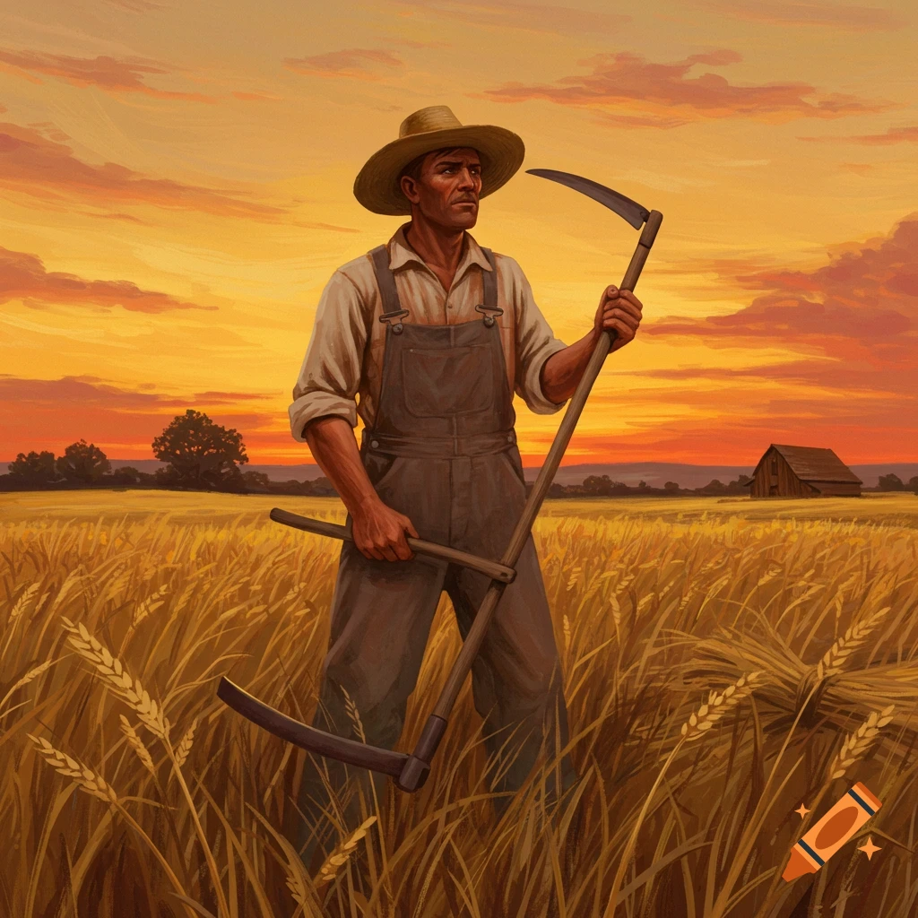 A farmer in a straw hat and overalls stands in a golden wheat field at sunset, holding a scythe, in a painterly style.