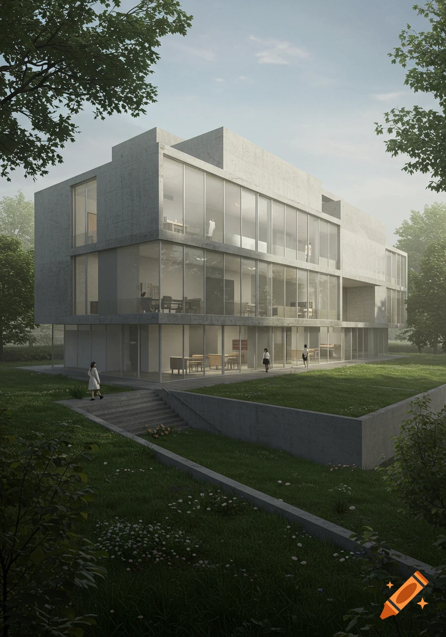 A modern, minimalist concrete and glass building surrounded by green grass and trees, with a pathway and stairs.