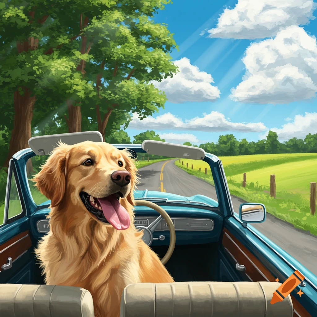 A happy golden retriever with its tongue out rides in a blue convertible car on a country road under a sunny sky.