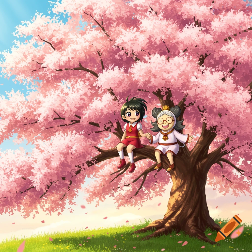 Two anime characters, a young girl and an elderly woman, sit smiling on a large pink cherry blossom tree branch, holding hands.