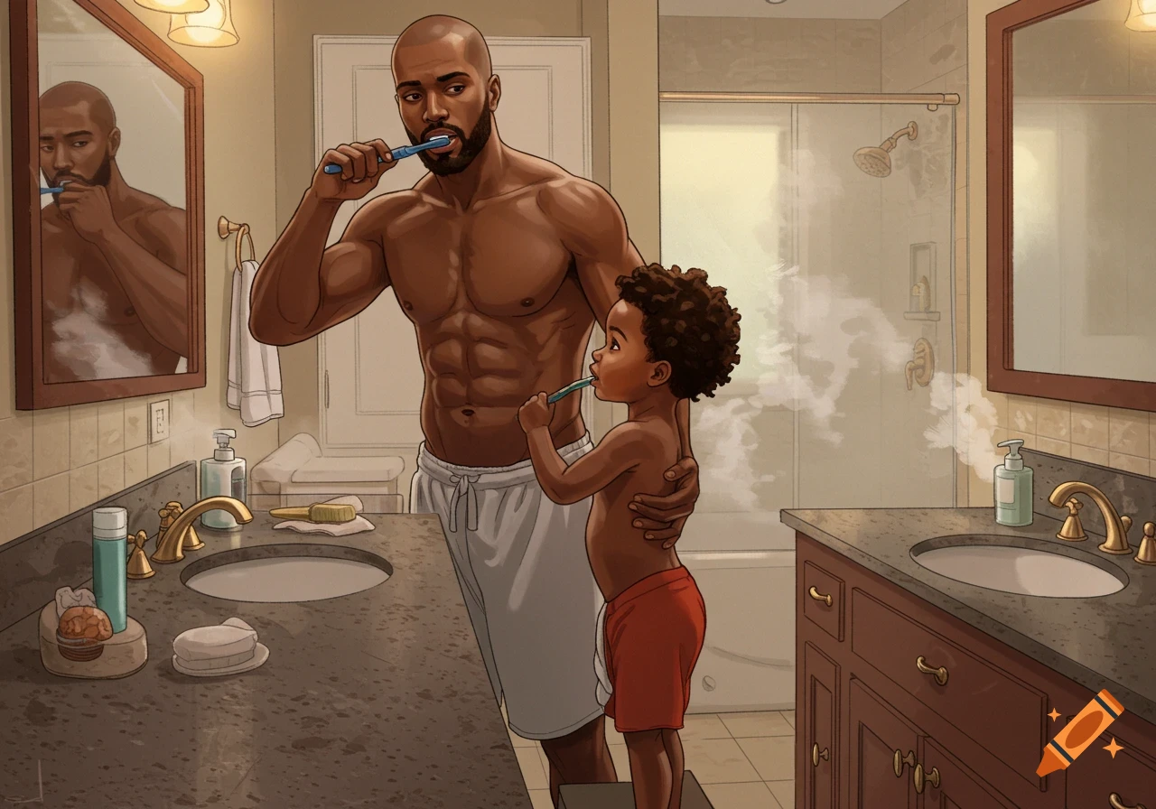 A bald, muscular Black man and his young son brush their teeth in a brightly lit bathroom, illustrated in a warm, cartoon style.