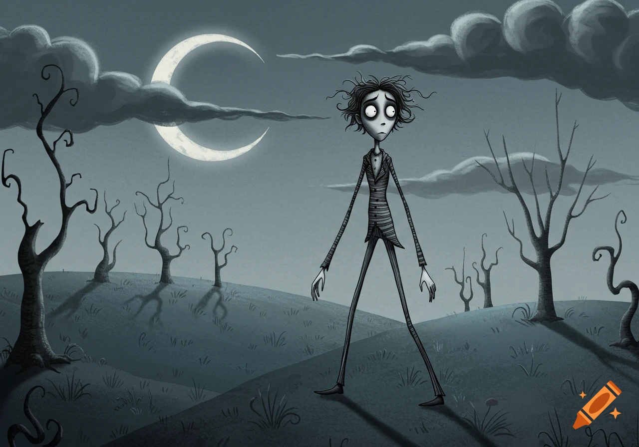 A tall, thin boy with wavy hair in Tim Burton style walks on a hill under a crescent moon and dark clouds with bare trees.