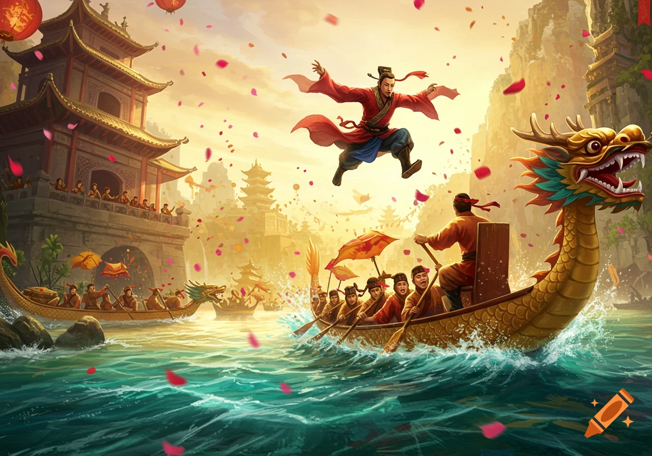 Vibrant illustration of a dragon boat race with a figure in red leaping from a boat, traditional Chinese buildings, and falling petals at sunset.
