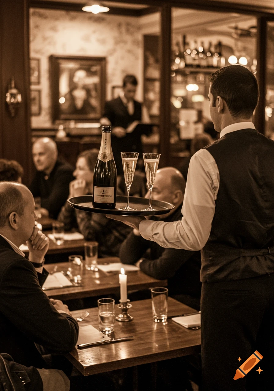 A waiter in a sepia-toned restaurant carries a tray with champagne and two flutes past seated patrons.