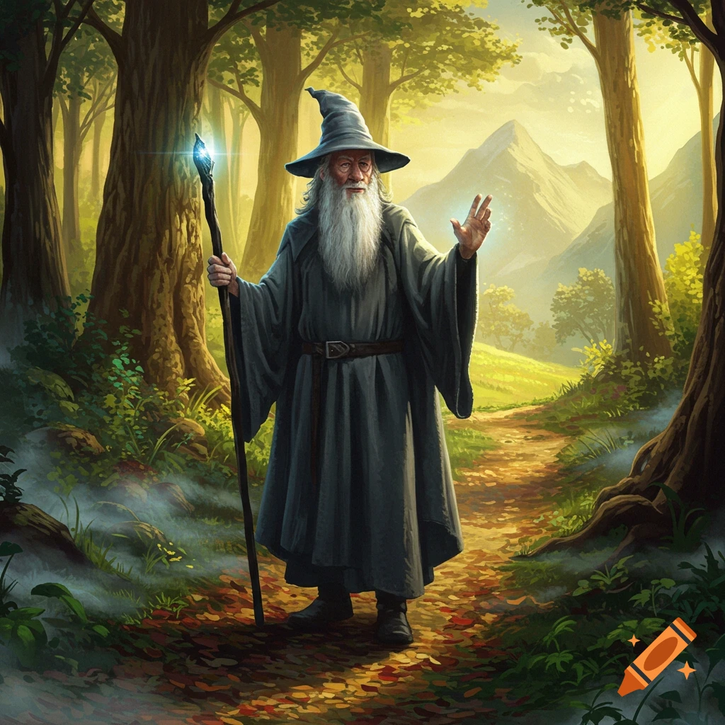 Gandalf the wizard stands on a sunlit forest path, holding a glowing staff and raising his other hand, with mountains in the background.