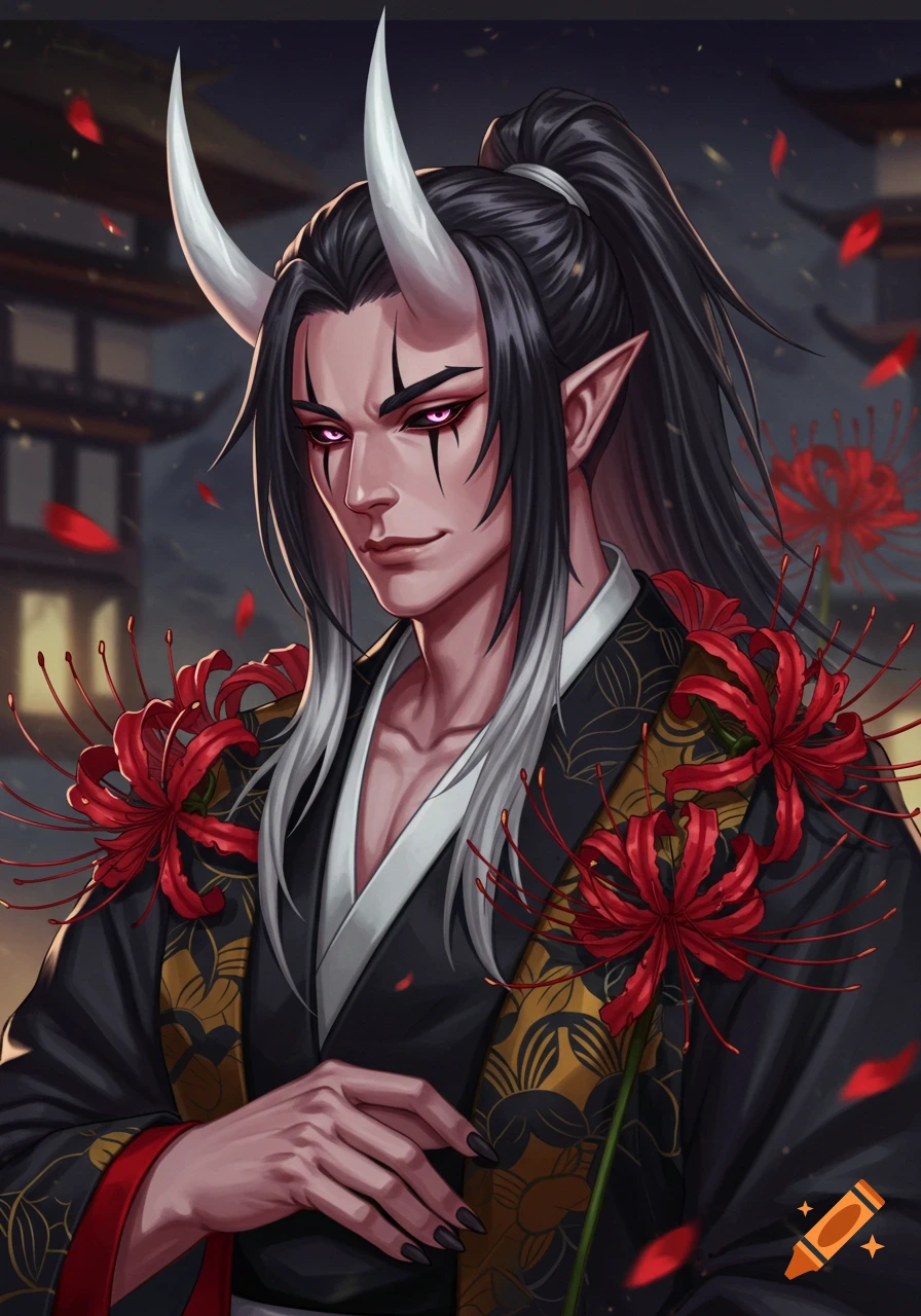 Anime-style demon with white horns, black hair with white streaks, purple eyes, wearing a black kimono adorned with red spider lilies.