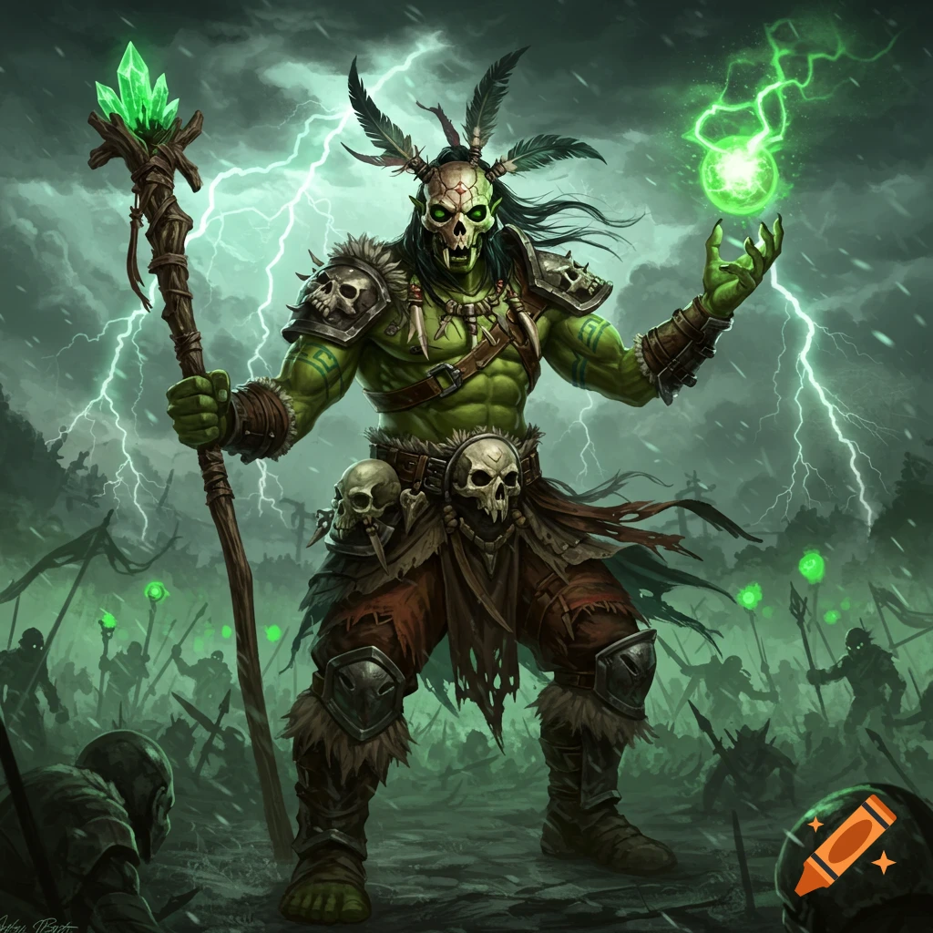 A green orc shaman warrior with a skull mask holds a crystal staff, casting a green spell as lightning strikes a stormy battlefield.