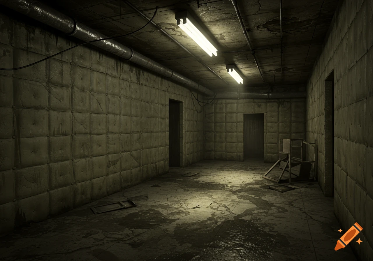 A grimy, dark basement or padded cell with fluorescent lights, exposed pipes, textured walls, and wet, cracked concrete floors. Photorealistic.