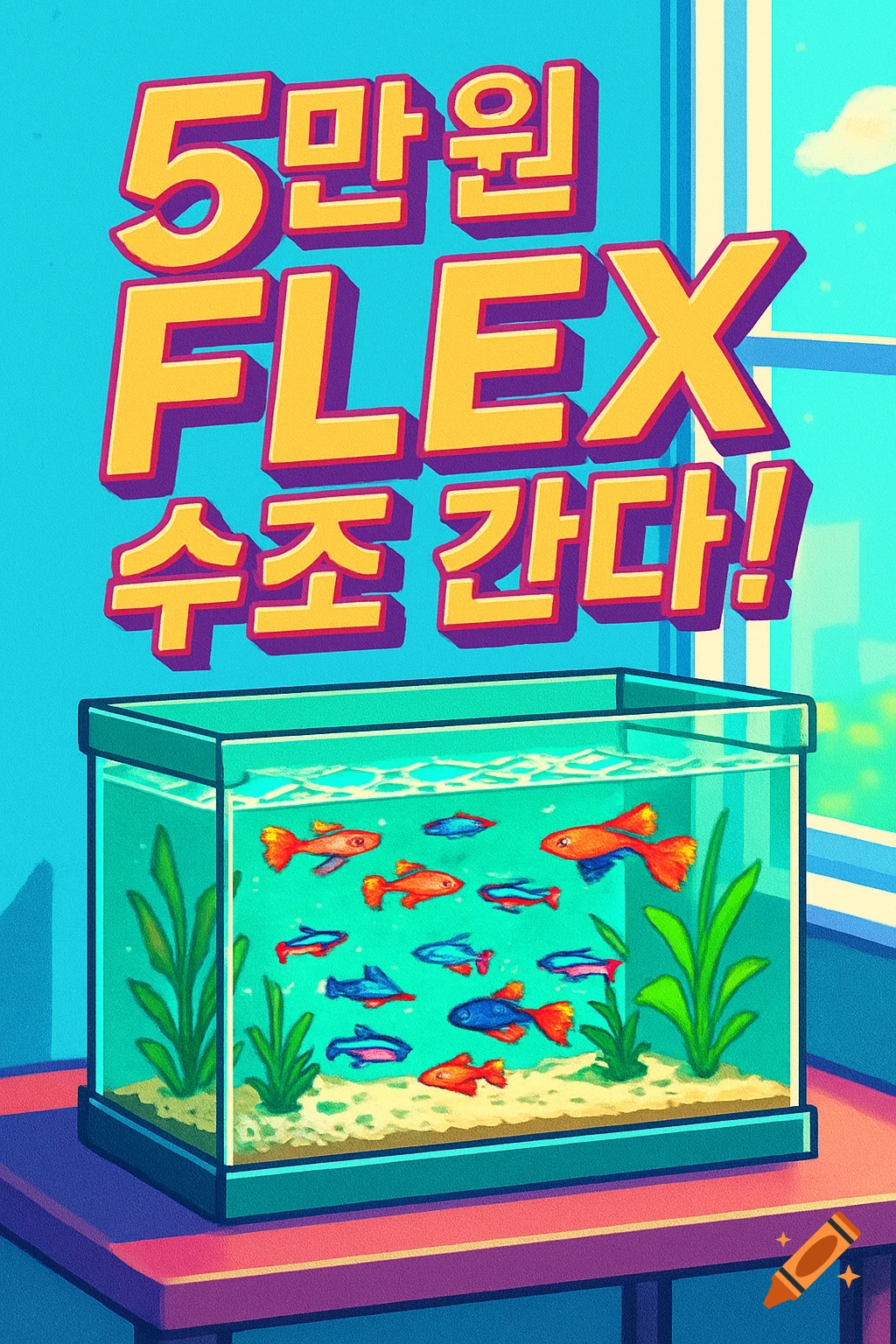 A colorful, pop art style illustration of an aquarium with various fish and plants on a table, with bold Korean text '5만원 FLEX 수조 간다!' above it.