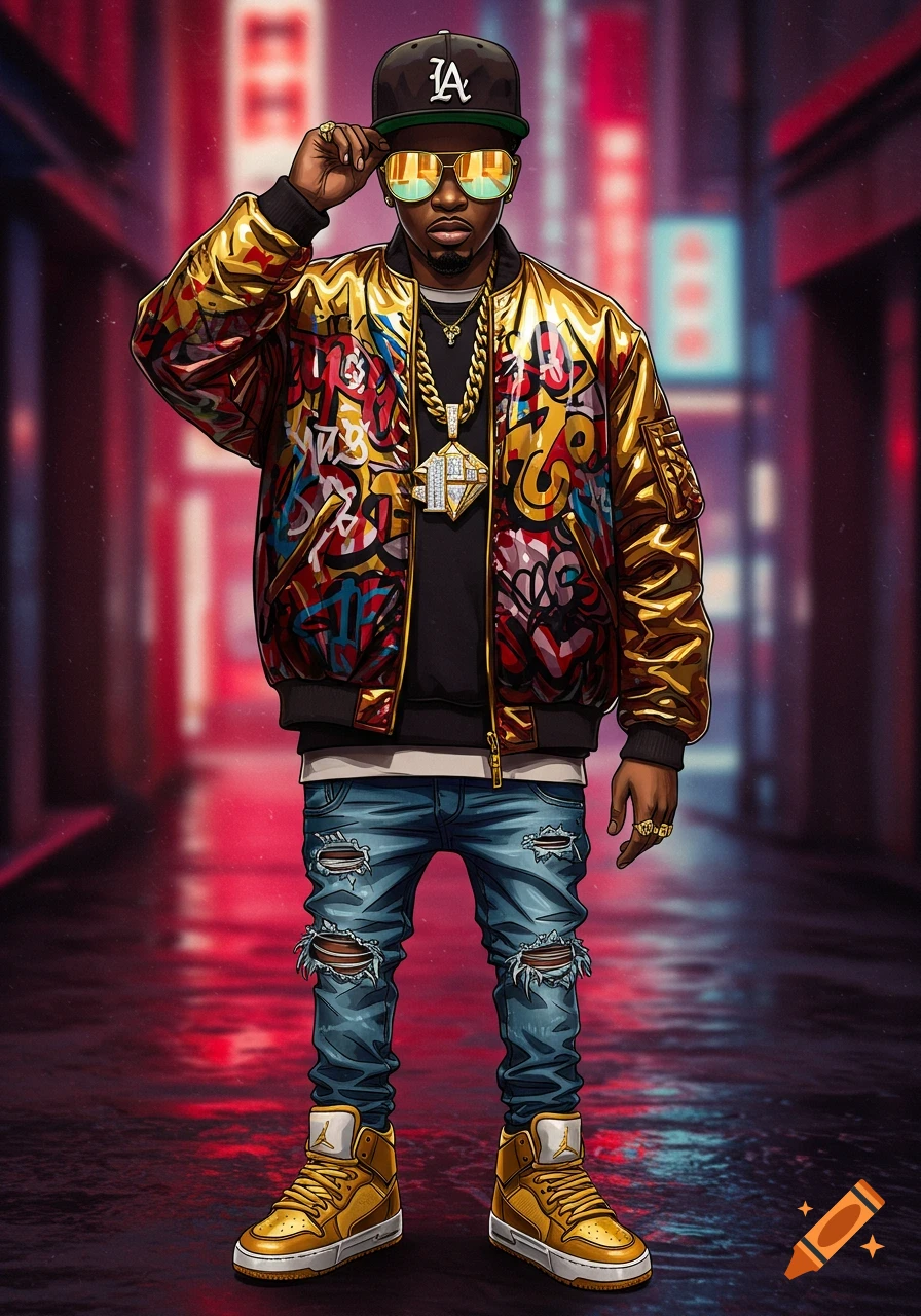 Stylized illustration of a rapper in a gold graffiti jacket, ripped jeans, and a black cap, wearing sunglasses and gold chains.