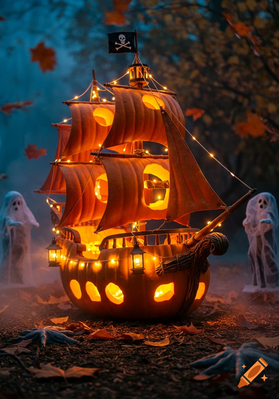 A glowing pumpkin pirate ship adorned with fairy lights and lanterns sits amidst fallen leaves with two white ghostly figures in a dark, mystical forest.