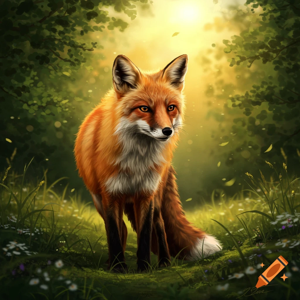 An illustrative painting of a red fox with white chest fur standing in a magical, sunlit forest clearing.