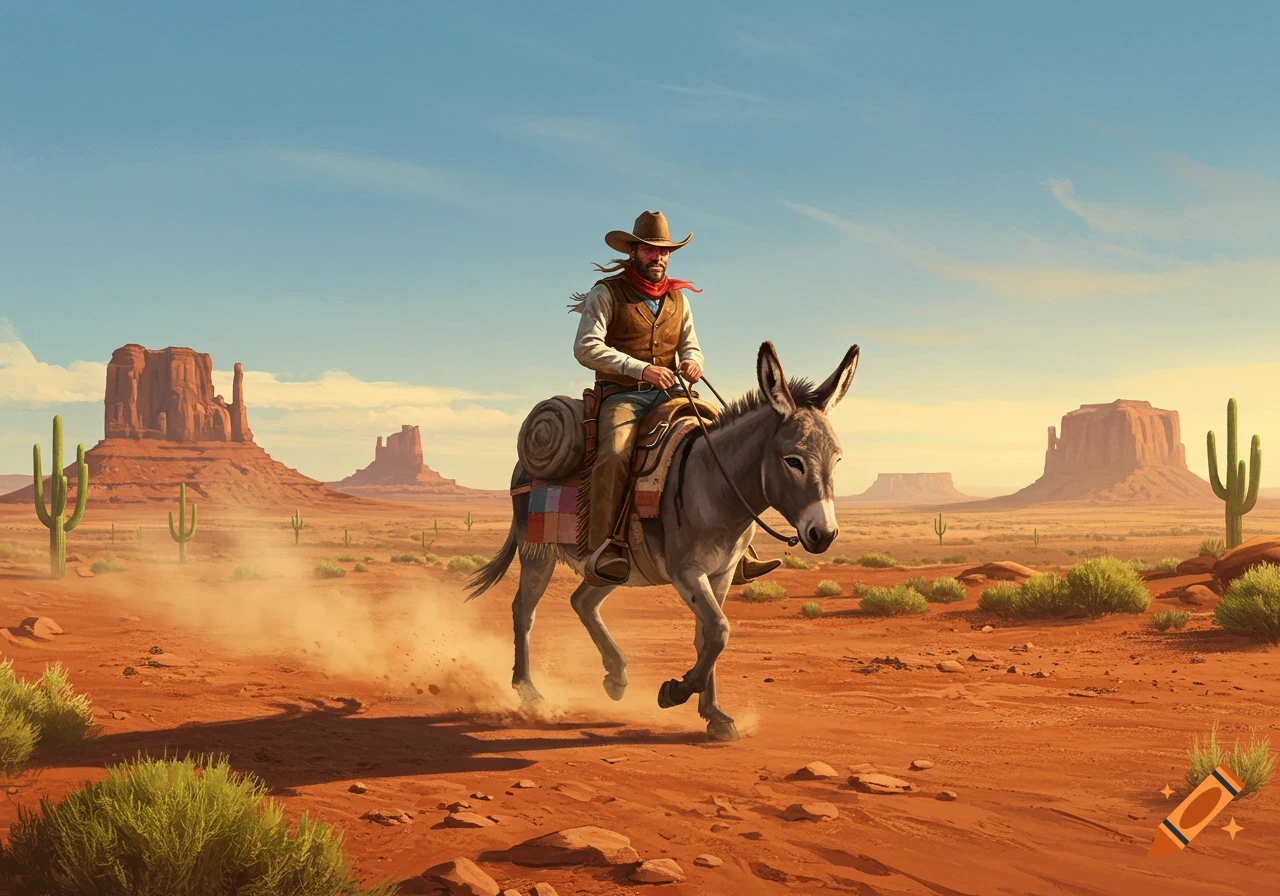 Illustrated cowboy riding a donkey through a dusty desert landscape with mesas and cacti under a blue sky.