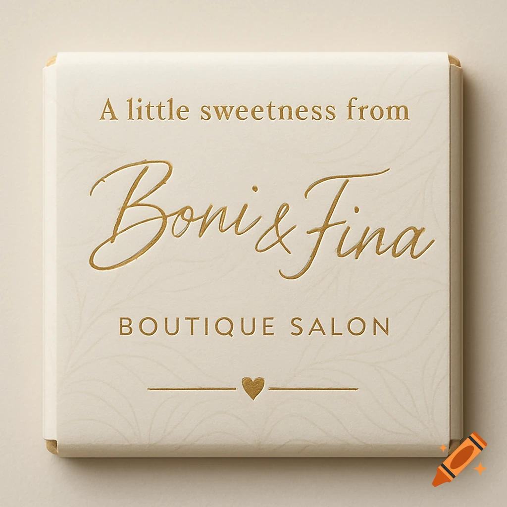 A cream-colored square chocolate wrapper with gold text "A little sweetness from Boni & Fina Boutique Salon" and a subtle leaf pattern.