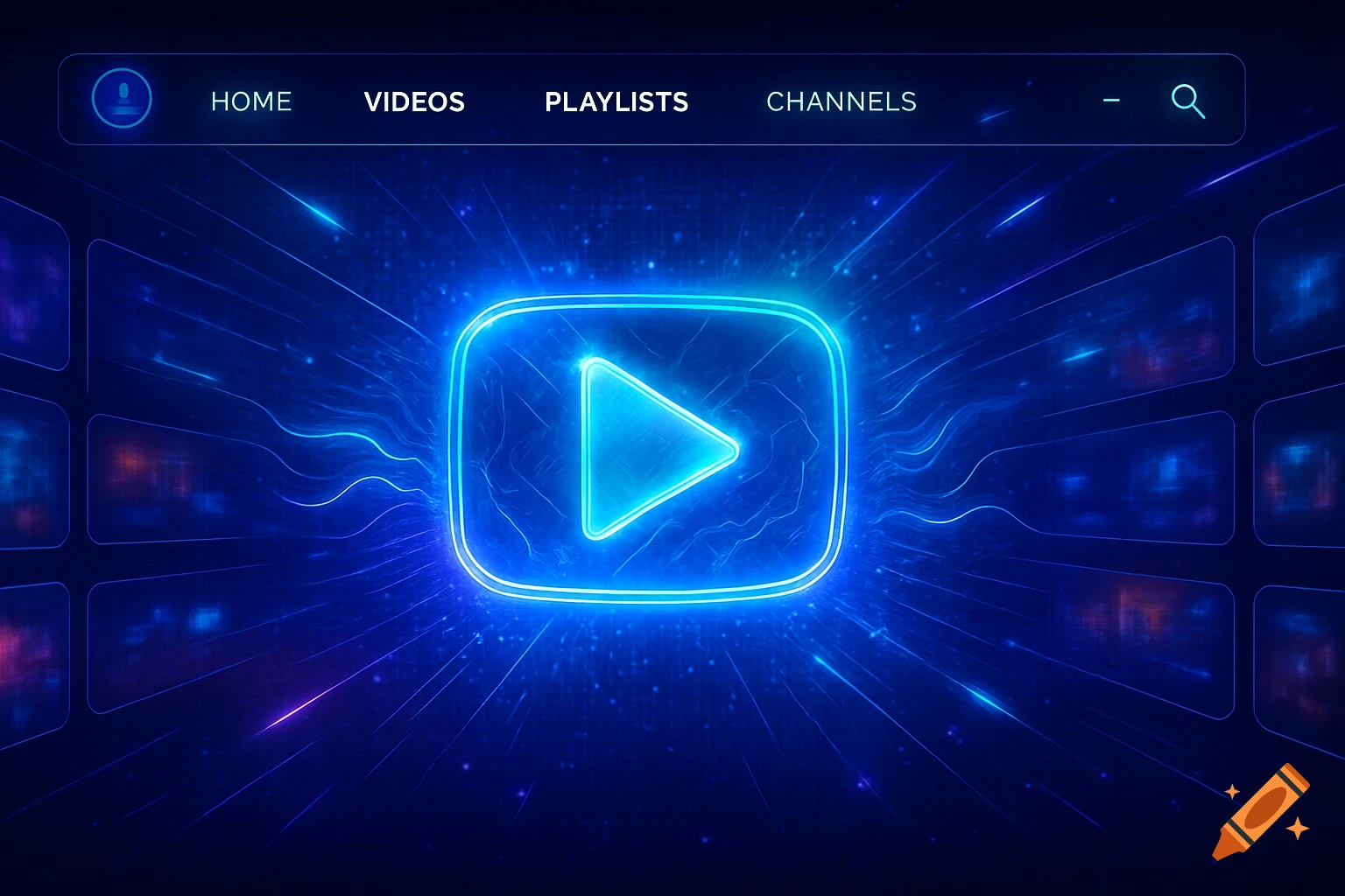A neon blue video player icon on a dark blue futuristic user interface with glowing text and abstract lines.