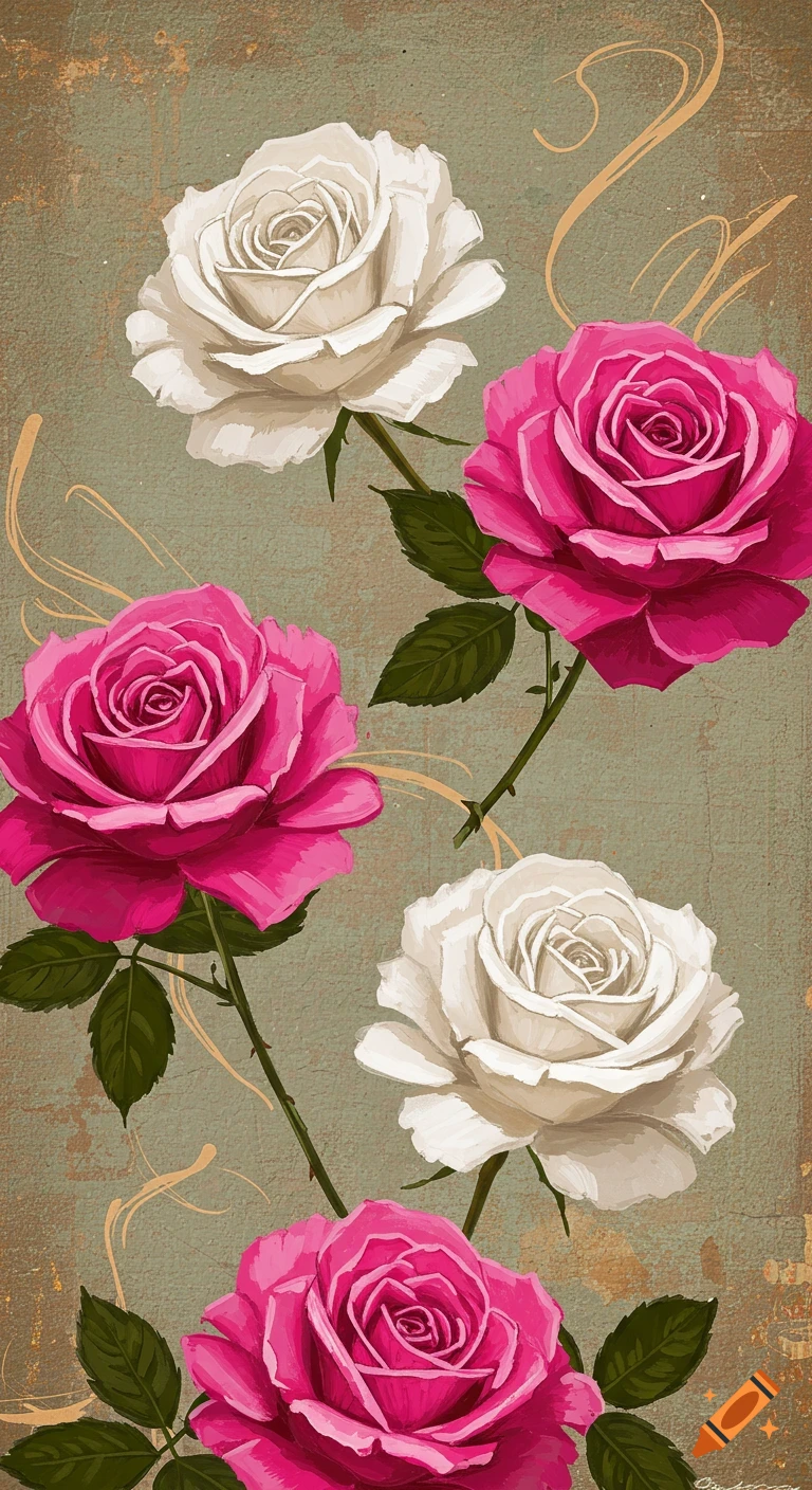 Artistic pink and white roses on a rustic green-brown background with gold swirls.