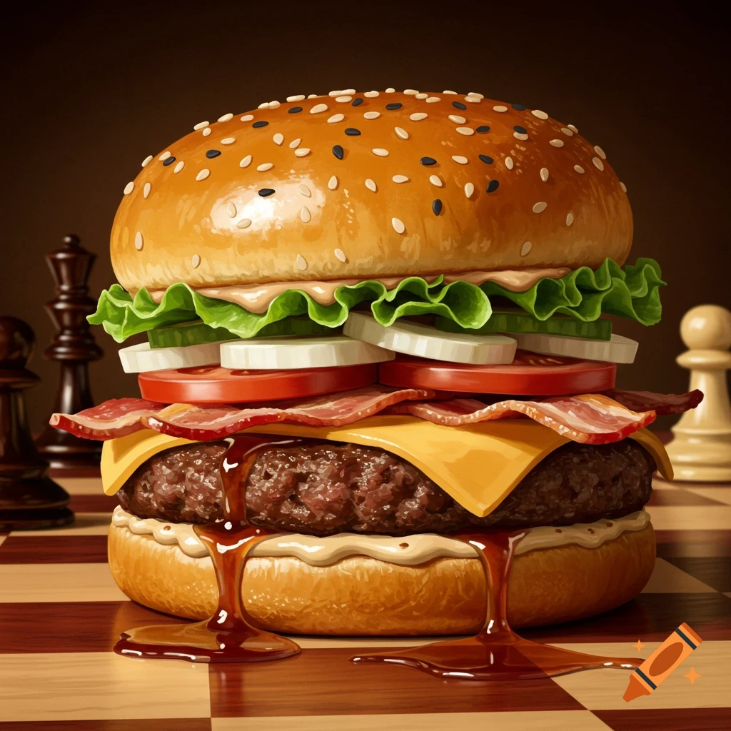A stylized, juicy hamburger with cheese, bacon, lettuce, tomato, and onion, dripping sauce onto a chessboard with chess pieces in the background.