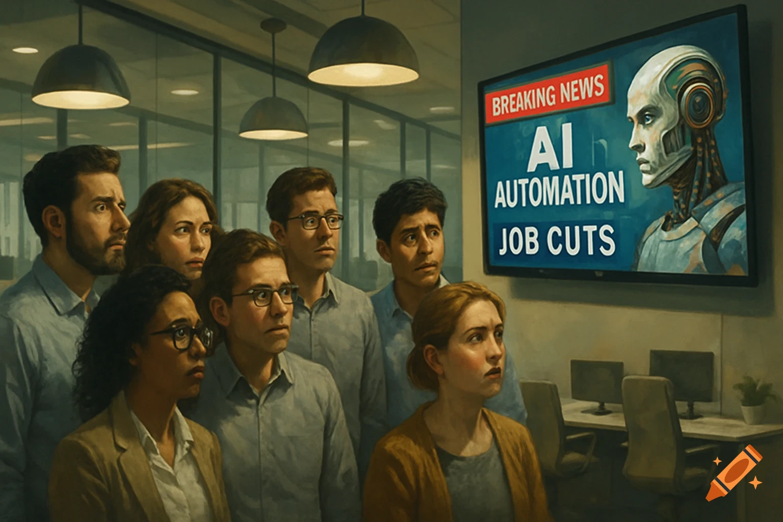 Worried office employees watch a TV screen displaying 'Breaking News: AI Automation Job Cuts' with a robot's face in a modern office.