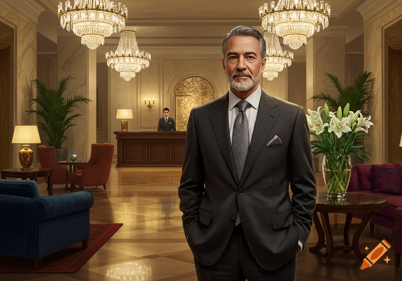 A distinguished man in a dark suit stands confidently in a luxurious hotel lobby with chandeliers.