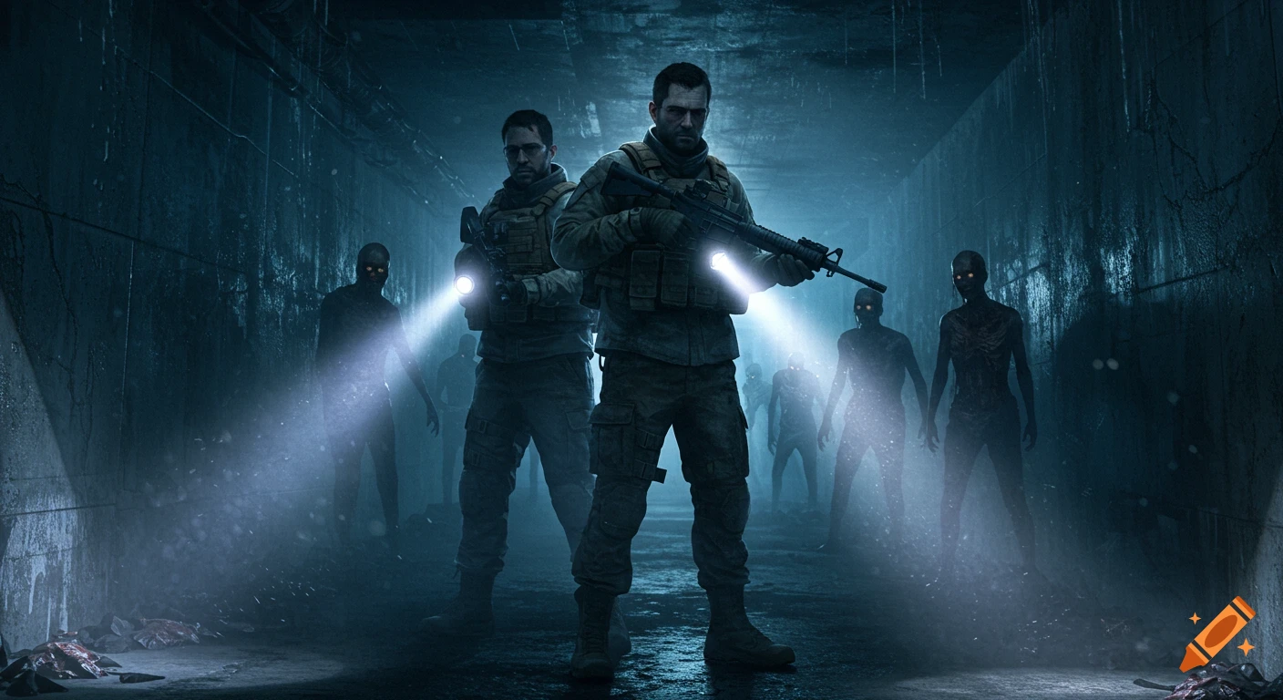 Two armed soldiers with rifle flashlights confront a group of zombies in a dark, misty, futuristic tunnel, in a photorealistic style.